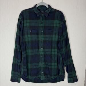 J.CREW Flannel Shirt Mens Large Green Blue Windowpane Cotton‎ Casual Button-Up